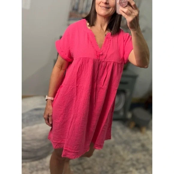 Gauze V Neck A Line Rolled Short Sleeve Pockets Cotton Raw Edge Dress Pink 0223 - Picture 5 of 6